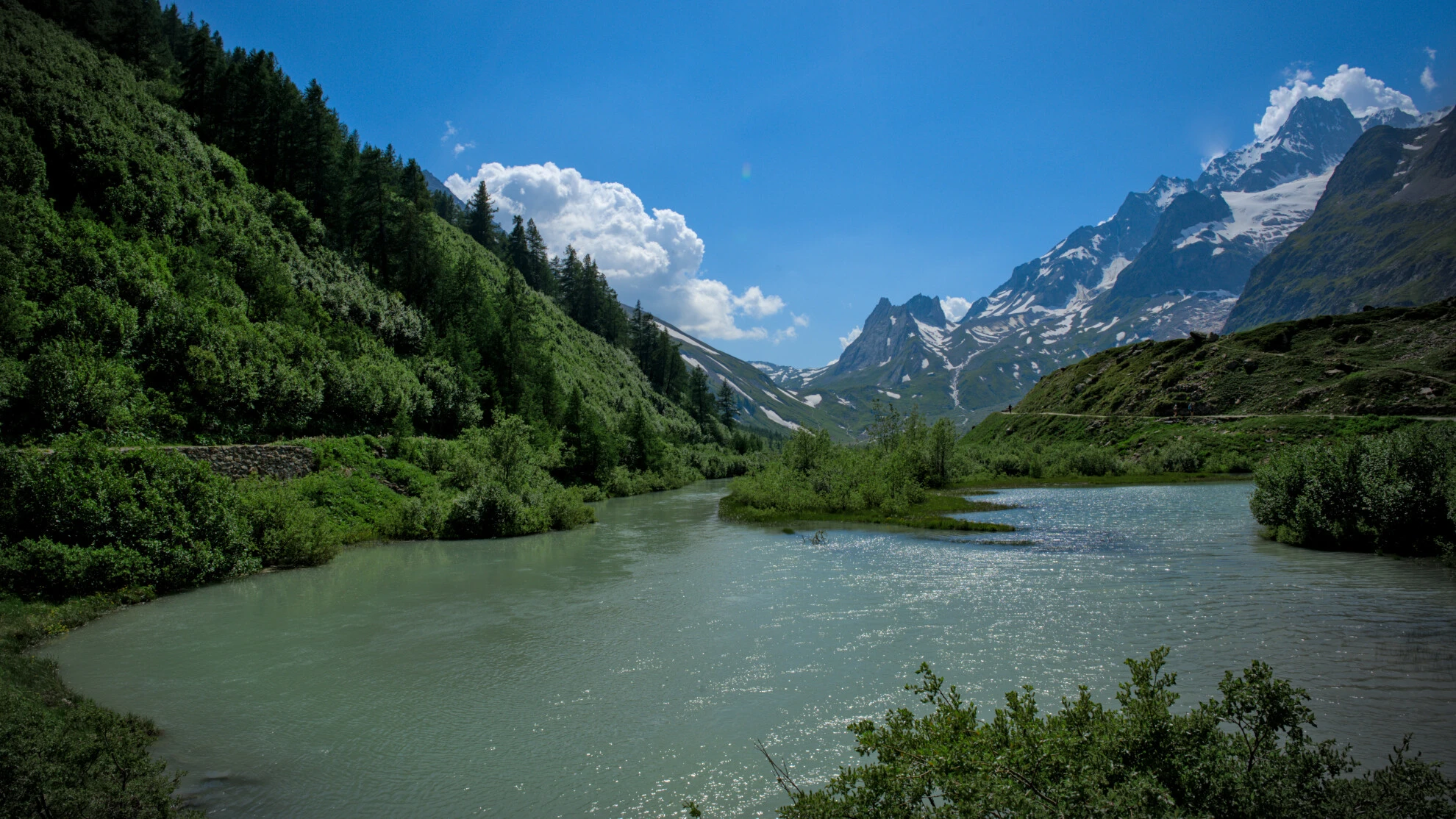 El Val Ferret bajo las Grandes Jorasses, entre pradera y torrente glaciar