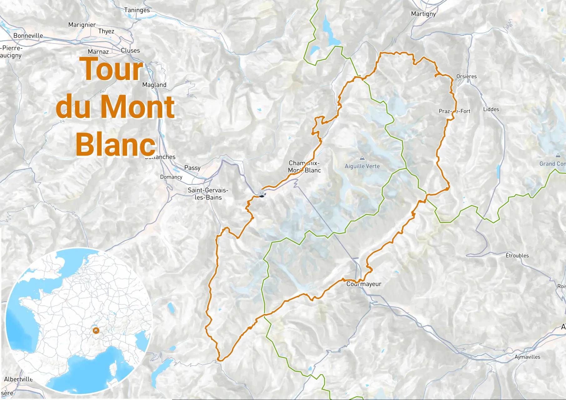 Mapa del Tour del Mont Blanc en 7 días