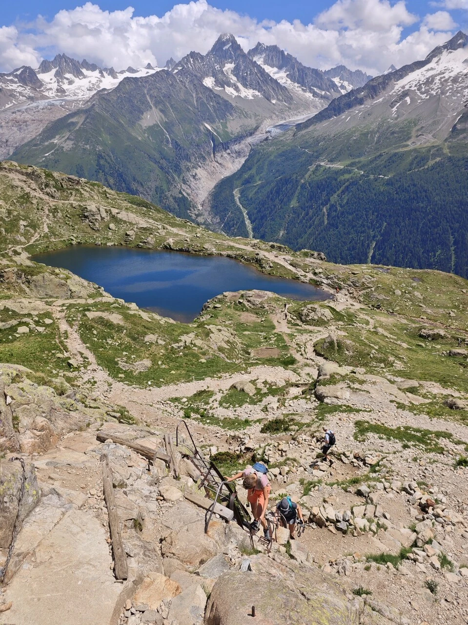 Senderistas en las escaleras por encima de los lacs des Chéserys, con el glaciar d'Argentière al fondo